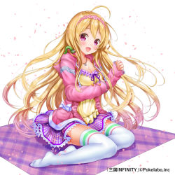 Rule 34 | 1girl, ahoge, blonde hair, blush, bow, breasts, caterpillar, cleavage, collarbone, company name, copyright name, dress, full body, headband, jewelry, long hair, looking at viewer, moyon, necklace, no shoes, official art, open mouth, petals, pink eyes, sangoku infinity, simple background, sleeves past wrists, solo, thighhighs, very long hair, white background, white thighhighs