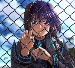 Rule 34 | 1girl, album cover redraw, artist name, blue necktie, brown hair, cloud, collared shirt, commission, crying, crying with eyes open, dated, derivative work, fence, grey jacket, hair intakes, highres, houkago overflow, jacket, looking at viewer, macross, macross frontier, military, military uniform, muv-luv, muv-luv alternative, muv-luv total eclipse, necktie, parted lips, popgun (22882502), portrait, purple eyes, shirt, skeb commission, sky, solo, straight-on, takamura yui, tears, uniform