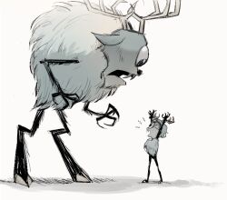Rule 34 | 1girl, antlers, arms up, black bodysuit, bodysuit, deerclops, don&#039;t starve, fangs, from side, fur trim, grey hair, growling, horns, jenny25424633, looking at another, mask, monster, official alternate costume, official alternate hair color, official alternate hair length, official alternate hairstyle, one-eyed, open mouth, pelt, short hair, simple background, size difference, standing, white background, wigfrid (don&#039;t starve)