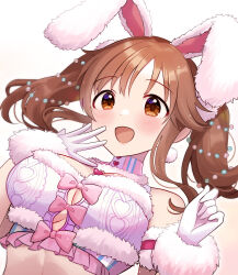Rule 34 | 1girl, animal ears, breasts, brown eyes, brown hair, frills, gloves, highres, idolmaster, idolmaster cinderella girls, idolmaster cinderella girls starlight stage, large breasts, long hair, looking at viewer, open mouth, rabbit ears, sakura ran, simple background, single bare shoulder, smile, totoki airi, white background, white gloves