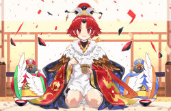 Rule 34 | &gt; &lt;, 1girl, absurdres, apron, benienma (fate), bird, bowl, chopsticks, confetti, fate/grand order, fate (series), hat, highres, melt (ghfla10), red eyes, red hair, rice, rice bowl, seiza, sitting, smile, sparrow, wide sleeves
