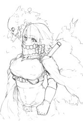 Rule 34 | 1girl, belt, cape, covered erect nipples, covered mouth, cross goli, gloves, greyscale, hatching (texture), highres, mask, monochrome, monster, mouth mask, navel, open mouth, original, short hair, sketch, skull, traditional media, weapon, weapon on back