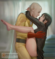 Rule 34 | 1boy, 1girl, bald, cape, clothed sex, dress, fubuki (one-punch man), gloves, green eyes, green hair, hetero, hoo bamon, legs up, looking at another, medium hair, muscular, muscular male, one-punch man, red gloves, saitama (one-punch man), sex, superhero costume, suspended congress, thick thighs, thighs, tongue, tongue out