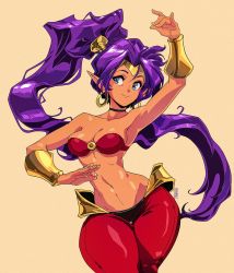 Rule 34 | 1girl, absurdly long hair, arabian clothes, arm up, armpits, bare shoulders, belly dancing, blue eyes, bracer, breasts, choker, circlet, cleavage, commentary, dancing, dark-skinned female, dark skin, david liu, earrings, english commentary, harem pants, high ponytail, highres, hoop earrings, jewelry, long hair, looking to the side, medium breasts, midriff, narrow waist, navel, o-ring, o-ring top, pants, pointy ears, purple hair, red pants, shantae, shantae (series), shantae and the seven sirens, simple background, smile, solo, thick thighs, thigh gap, thighs, very long hair, wide hips