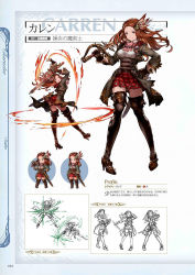 Rule 34 | 10s, 1girl, black thighhighs, boots, brown eyes, brown hair, carren, carren (granblue fantasy), character name, chibi, coat, concept art, detached sleeves, full body, gloves, granblue fantasy, grey eyes, hair ornament, hand on own hip, high heel boots, high heels, highres, holding, holding sword, holding weapon, lineart, long hair, looking at viewer, looking back, minaba hideo, multiple views, non-web source, official art, open mouth, orange hair, scan, simple background, skirt, smile, standing, sword, thighhighs, weapon, zettai ryouiki