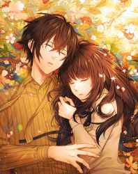 Rule 34 | 1boy, 1girl, ariake aria, arsene lupin (code:realize), brown hair, brown shirt, cardia beckford, closed eyes, code:realize, hetero, hug, leaf, lying, on back, on side, outdoors, petals, shirt, sleeping, striped clothes, striped shirt, yellow shirt
