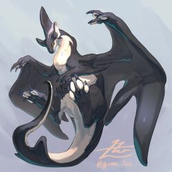 Rule 34 | animal focus, artist name, chimera, claws, dragon, fins, fish tail, full body, grey background, head fins, highres, looking at viewer, monster, no humans, orca, original, signature, simple background, solo, tail, twitter username, wings, yamamura le, yellow eyes
