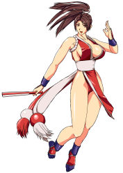 Rule 34 | 1girl, breasts, brown hair, cleavage, fatal fury, full body, highres, large breasts, legs, open mouth, panties, ponytail, red panties, shiranui mai, smile, snk, solo, underwear
