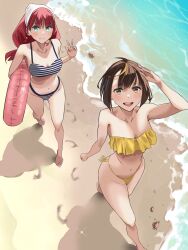 Rule 34 | 2girls, absurdres, ahoge, bandana, bare arms, bare legs, bare shoulders, barefoot, beach, bikini, blonde hair, breasts, brown eyes, brown hair, buoy, cleavage, crab, day, foam, footprints, frilled bikini top, from above, full body, hair ornament, hand up, highres, holding, legs, lewdrawings, light blush, long hair, looking at viewer, medium breasts, multicolored eyes, multicolored hair, multiple girls, navel, ocean, original, outdoors, red hair, sand, shadow, shore, short hair, side-tie bikini bottom, sparkle, stomach, streaked hair, string bikini, striped bikini, striped clothes, swimsuit, toes, w, walking, water, white bandana, yellow bikini