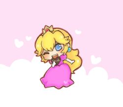 Rule 34 | 1girl, bad id, bad pixiv id, blonde hair, blue eyes, candy, chibi, chocolate, chocolate heart, crown, dress, elbow gloves, food, gloves, heart, long hair, lowres, mario (series), nintendo, one eye closed, open mouth, princess peach, shimo (laxesp), simo, smile, solo, wink