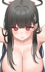 Rule 34 | 1girl, absurdres, black hair, blue archive, blunt bangs, blush, breasts, bright pupils, cleavage, close-up, hair behind ear, hair ornament, hairclip, halo, hanging breasts, highres, huge breasts, kano (wi3028), leaning forward, long hair, looking at viewer, nude, out-of-frame censoring, outstretched arms, parted lips, reaching, reaching towards viewer, red eyes, rio (blue archive), simple background, solo, sweat, upper body, very long hair, white background