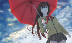 Rule 34 | 1girl, absurdres, anianiani0607, aozaki aoko, aqua eyes, blazer, bow, bowtie, breasts, brown hair, brown jacket, brown skirt, buttons, cloud, cloudy sky, commentary request, floating hair, hair between eyes, hair intakes, highres, holding, holding umbrella, jacket, long hair, long sleeves, looking at viewer, mahou tsukai no yoru, medium breasts, miniskirt, outdoors, parted lips, pleated skirt, pocket, rain, red bow, red umbrella, school uniform, shirt, sidelocks, skirt, sky, solo, umbrella, uniform, upper body, very long hair, water drop, white shirt