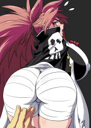 Rule 34 | 1boy, 1girl, arc system works, asb2, ass, baiken, blush, breasts, cameltoe, clenched teeth, dark-skinned male, dark skin, eyepatch, faust (guilty gear), from behind, gigantic breasts, guilty gear, guilty gear xrd, huge ass, japanese clothes, kanchou, kimono, long hair, looking back, looking down, pink hair, ponytail, red eyes, sarashi, sideboob, surprised, teeth, very long hair