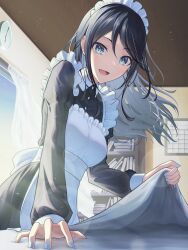Rule 34 | 1girl, absurdres, alternate costume, apron, black hair, blue eyes, blue nails, breasts, dress, frills, highres, hoshino ichika (project sekai), iluka, indoors, long hair, looking at viewer, maid, maid apron, maid headdress, nail polish, open mouth, project sekai, smile, solo