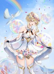 Rule 34 | armor, bare shoulders, bird, blonde hair, blue sky, breasts, cleavage, closed eyes, cloud, cloudy sky, dress, flower, genshin impact, highres, large breasts, light, lumine (genshin impact), open mouth, rainbow, short hair, skirt, sky, smile, thighhighs, thighs, unosaki2, white thighhighs
