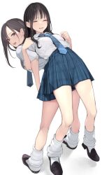 Rule 34 | 2girls, ama mitsuki, assisted stretching, back-to-back, behind another, black hair, blue necktie, blue skirt, blush, brown eyes, brown footwear, brown hair, closed eyes, collared shirt, diagonal-striped clothes, diagonal-striped necktie, exercising, full body, highres, kneepits, lifting person, loafers, locked arms, long hair, long sleeves, looking back, loose socks, multiple girls, necktie, open mouth, original, plaid, plaid skirt, pleated skirt, school uniform, shirt, shoes, skirt, sleeves rolled up, smile, socks, stretching, striped clothes, striped necktie, white shirt, white socks