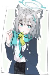 Rule 34 | 1girl, animal ear fluff, animal ears, black jacket, blue archive, blue eyes, blue scarf, bright pupils, cross hair ornament, grey hair, hair ornament, halo, ixy, jacket, long sleeves, looking at viewer, mismatched pupils, scarf, shiroko (blue archive), short hair, solo, white pupils