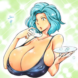 Rule 34 | 1girl, bare shoulders, blue hair, breasts, character request, cleavage, covered erect nipples, female focus, hataraki ari, huge breasts, open mouth, short hair, solo, upper body, yellow eyes