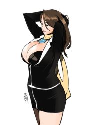 Rule 34 | 1girl, mia fey, breasts, brown hair, cleavage, ganto, ace attorney, huge breasts, long hair, magatama, mole, mole under mouth, scarf, skirt, smile, solo, standing, white background, zipper