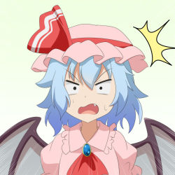 Rule 34 | 1girl, ^^^, ascot, bat wings, blue hair, brooch, cato (monocatienus), commentary request, dot pupils, emphasis lines, fang, green background, hair between eyes, hat, highres, jewelry, looking at viewer, mob cap, open mouth, pink hair, red ascot, remilia scarlet, short hair, simple background, solo, sweatdrop, touhou, upper body, v-shaped eyebrows, wavy mouth, wings
