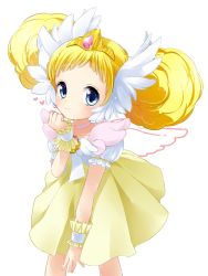 Rule 34 | 10s, 1girl, blonde hair, blue eyes, blush, brooch, candy (smile precure!), choker, double bun, dress, hair bun, head wings, jewelry, personification, precure, puffy sleeves, royal candy, short hair, skirt, smile precure!, solo, tiara, white background, white choker, wings, wrist cuffs, yellow dress, yellow skirt, yupachi