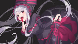 Rule 34 | 1girl, :d, black background, black bow, black dress, blood, blood on hands, bow, breasts, closed umbrella, dress, fangs, frills, gasima0524, gothic lolita, grey hair, hair bow, highres, holding, holding umbrella, lolita fashion, long hair, looking at viewer, open mouth, overlord (maruyama), red bow, red eyes, shalltear bloodfallen, smile, solo, teeth, tongue, tongue out, umbrella, vampire