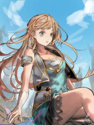 Rule 34 | 1girl, blonde hair, blue dress, blue eyes, blue sky, breasts, chinese commentary, cleavage, cloud, commentary request, day, dress, elbow gloves, gloves, highres, long hair, maplestory, mercedes (maplestory), muyu713, outdoors, parted lips, pointy ears, silver gloves, sitting, sky, sleeveless, sleeveless dress, solo