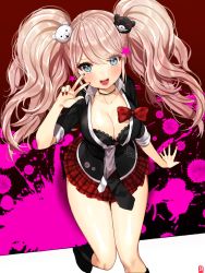 Rule 34 | 10s, 1girl, arm support, bad id, bad pixiv id, blue eyes, boots, breasts, cleavage, commentary request, danganronpa (series), danganronpa: trigger happy havoc, enoshima junko, fingernails, from above, gambe, hair ornament, highres, long fingernails, long hair, looking up, nail polish, necktie, pink hair, school uniform, sitting, skirt, sleeves rolled up, smile, solo, spoilers, twintails, v