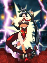 Rule 34 | 1girl, arc system works, artist request, bare shoulders, black eyes, black hair, blazblue, bouncing breasts, bra, breasts, china dress, chinese clothes, dress, electricity, electrocution, glasses, hair ornament, highres, lao jiu, large breasts, lightning, litchi faye ling, long hair, looking at viewer, open mouth, ryona, shiny skin, teardrop, tears, thong, underwear, very long hair, yin yang