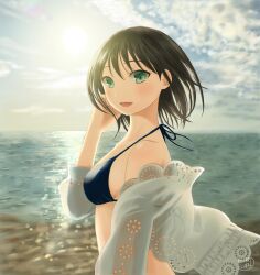 Rule 34 | 1girl, artist name, backlighting, bikini, black bikini, black hair, blue sky, breasts, cloud, cloudy sky, day, from side, green eyes, halterneck, hand in own hair, highres, horizon, lens flare, long sleeves, looking at viewer, medium breasts, ocean, off shoulder, open mouth, original, osumi izumi, outdoors, shirt, short hair, signature, sky, smile, solo, sun, swimsuit, white shirt, wind