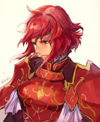 Rule 34 | 1girl, armor, breastplate, breasts, fire emblem, fire emblem: mystery of the emblem, fire emblem: shadow dragon, hashiko (neleven), headband, minerva (fire emblem), nintendo, pauldrons, red armor, red eyes, red hair, short hair, shoulder armor, simple background, sketch, solo, twitter username, upper body, white background