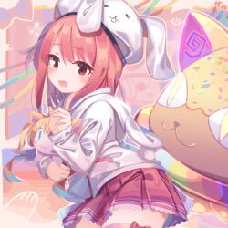 1girl :d animal_ears animal_hat animal_hood blush bow brown_eyes character_doll fake_animal_ears fake_tail hand_up hat hood hood_down hooded_jacket index_finger_raised indie_virtual_youtuber jacket koucha_latte long_sleeves one_side_up open_mouth pink_hair pink_thighhighs pleated_skirt puffy_long_sleeves puffy_sleeves rabbit_ears rabbit_hat rabbit_hood rabbit_tail red_bow red_skirt roin skirt sleeves_past_wrists smile solo tail thighhighs virtual_youtuber white_hat white_jacket