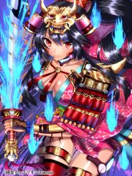 Rule 34 | 1girl, armor, black hair, blue fire, blush, character request, dress, fighting stance, fire, flaming sword, flaming weapon, holding, holding weapon, japanese armor, japanese clothes, junketsu duelion, long hair, mataro (matarou), pink dress, ponytail, red eyes, samurai, shoulder armor, sode, solo, sword, weapon