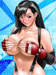 Rule 34 | 1990s (style), bad id, bare shoulders, black hair, blush, body blush, breasts, covering privates, covering breasts, elbow gloves, final fantasy, final fantasy vii, gloves, large breasts, lips, long hair, lowres, red eyes, suspenders, tifa lockhart