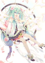 Rule 34 | 1girl, aqua eyes, aqua flower, aqua hair, aqua ribbon, aqua rose, bird, black skirt, blue hair, braid, cable, cape, commentary, detached sleeves, dove, feathers, flower, frilled sleeves, frills, full body, glowing bird, gradient hair, green flower, green rose, grey rose, hair flower, hair ornament, hair tie, hatsune miku, high heels, highres, holding, holding microphone, long hair, looking at viewer, magical mirai (vocaloid), magical mirai miku, magical mirai miku (2021), medallion, microphone, microphone cord, multicolored hair, neck ribbon, open mouth, orange flower, orange rose, pleated skirt, purple flower, purple hair, purple rose, rainbow, red flower, red rose, ribbon, rose, shirt, sitting, skirt, smile, solo, twin braids, twintails, very long hair, vocaloid, w.r.b, white bird, white feathers, white flower, white rose, white shirt, yellow flower, yellow rose