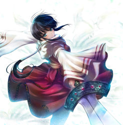 Rule 34 | 1girl, black hair, blue eyes, chinese clothes, closed mouth, floral background, gem, headband, holding, holding sword, holding weapon, kingdom (series), kyoukai (kingdom), long hair, long sleeves, looking at viewer, low ponytail, outstretched arms, ponytail, sash, scarf, sidelocks, smile, solo, spread arms, sword, weapon, white background, wide sleeves, yukiomi haku