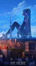 Rule 34 | 1girl, 39, absurdres, aqua hair, aqua necktie, asu no yozora shoukaihan (vocaloid), bare shoulders, blue sky, blue theme, boots, building, city, cloud, commentary, contrail, crane (machine), day, detached sleeves, female focus, from side, giant, giantess, glowing, hatsune miku, headphones, highres, knees up, long hair, miniskirt, morning, necktie, outdoors, pasoputi, pleated skirt, profile, redial (vocaloid), roki (vocaloid), scenery, sitting, skirt, sky, skyscraper, solo, song name, song request, songover, tell your world (vocaloid), thighhighs, time machine (vocaloid), tower, twintails, very long hair, vocaloid