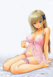 Rule 34 | 10s, 1girl, arm support, babydoll, barefoot, blonde hair, blue eyes, boku wa tomodachi ga sukunai, breasts, bridal garter, butterfly hair ornament, cleavage, collarbone, covered erect nipples, detexted, feet, front-tie top, hair ornament, highres, homunculus (alchemynote), kashiwazaki sena, large breasts, lips, long hair, navel, nipples, non-web source, panties, parted lips, pink panties, scan, see-through, side-tie panties, sitting, solo, string panties, thigh strap, third-party edit, underwear, untying, wariza