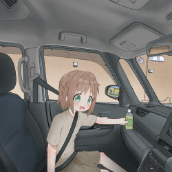 1girl blush brown_hair brown_shorts car_interior fang feet_out_of_frame green_eyes grey_shirt hair_intakes highres looking_at_viewer nola oka_asahi onii-chan_wa_oshimai! open_mouth plastic_bottle seatbelt shirt short_hair short_sleeves shorts sitting smile solo t-shirt