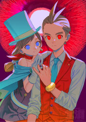 Rule 34 | 1boy, 1girl, ace attorney, antenna hair, apollo justice, badge, bare shoulders, belt, black dress, blue belt, blue cape, blue eyes, blue headwear, blue necktie, brooch, brother and sister, button badge, buttons, cape, collared shirt, commentary, cowboy shot, diamond brooch, diamond button, diamond earrings, dress, earrings, expressionless, forked eyebrows, gloves, gold bracelet, green brooch, hands on another&#039;s shoulder, hat, highres, jewelry, light brown hair, light smile, long hair, looking at viewer, low-tied long hair, necktie, ouse (otussger), purple background, red eyes, red scarf, red vest, scarf, shirt, short hair, siblings, sitting, sleeves rolled up, strapless, strapless dress, swept bangs, top hat, trucy wright, vest, white gloves, white shirt