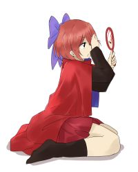 Rule 34 | 1girl, black shirt, blouse, bow, cape, hair bow, long sleeves, miniskirt, mirror, red cape, red eyes, red hair, red skirt, sekibanki, shirt, sitting, skirt, solo, touhou, tyouseki, wariza