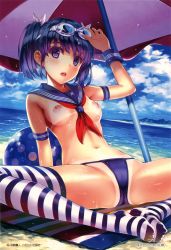 Rule 34 | 1girl, absurdres, bikini, bikini bottom only, bikini tan, blue hair, blue sailor collar, blush, breasts, cover, detexted, feet, feet together, goggles, goggles on head, hair ribbon, highres, legs, long hair, looking at viewer, magazine cover, misaki kurehito, multicolored hair, navel, nipples, no shoes, open mouth, original, panties, purple eyes, purple hair, ribbon, sailor collar, scan, sitting, small breasts, solo, spread legs, striped clothes, striped thighhighs, swimsuit, tan, tanline, thighhighs, third-party edit, toes, topless, twintails, two-tone hair, underwear, wet, wrist cuffs