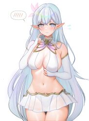 Rule 34 | 1girl, albion (azur lane), azur lane, bare shoulders, blush, breasts, cleavage, closed mouth, commentary request, cowboy shot, ear blush, elbow gloves, elf, embarrassed, fingerless gloves, flower, flying sweatdrops, gloves, grey eyes, grey hair, hair flower, hair ornament, highres, large breasts, light frown, long hair, miniskirt, navel, pointy ears, sideboob, skirt, solo, speech bubble, spoken blush, stomach, thigh gap, thighs, very long hair, white skirt, yua 666666