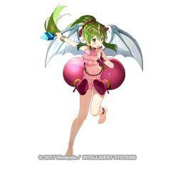 Rule 34 | 1girl, :d, ankleband, barefoot, blush, bracelet, dress, fire emblem, fire emblem heroes, floating hair, full body, gaou (umaiyo puyoman), green eyes, green hair, headpiece, holding, jewelry, long hair, nintendo, official art, open mouth, pink dress, pointy ears, ponytail, short dress, simple background, smile, solo, standing, standing on one leg, tiki (fire emblem), tiki (young) (fire emblem), watermark, white background, wings