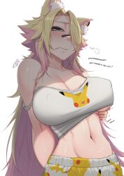 Rule 34 | 1girl, absurdres, animal ear fluff, animal ear piercing, animal ears, artist name, bandaid, bandaid on face, bandaid on nose, bare shoulders, black bandaid, blonde hair, blue eyes, blush, breasts, cat ears, cat girl, character print, cleavage, closed mouth, collarbone, commentary, commentary request, covered erect nipples, english commentary, english text, fang, hair intakes, hair over one eye, highres, indie virtual youtuber, large breasts, linea alba, long hair, looking at viewer, mixed-language commentary, multicolored hair, myth1carts, navel, obkatiekat, one eye covered, pants, pikachu print, pink hair, scratching, shirt, signature, simple background, skin fang, solo, stomach, strap slip, two-tone hair, upper body, virtual youtuber, white background, white pants, white shirt