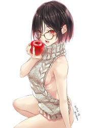 Rule 34 | 1girl, apple, artist name, ass, backless outfit, bare arms, bare shoulders, black hair, bottomless, breasts, commentary, dated, food, fruit, glasses, hand up, highres, holding, holding food, holding fruit, medium breasts, meme attire, multicolored hair, nabeshima tetsuhiro, nail polish, open mouth, original, pink hair, red-framed eyewear, red eyes, red nails, short hair, sideboob, simple background, solo, squatting, symbol-only commentary, thighs, twitter username, virgin killer sweater, white background
