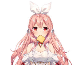 Rule 34 | atelier live, bare shoulders, braid, bread slice, breasts, dress, food, food in mouth, hair between eyes, hair ribbon, highres, indie virtual youtuber, juliet sleeves, long hair, long sleeves, looking at viewer, medium breasts, mouth hold, pink hair, pinku (vtuber), puffy sleeves, red eyes, ribbon, rosuuri, simple background, sleeveless, sleeveless dress, solo, toast, toast in mouth, upper body, very long hair, virtual youtuber, white background, white ribbon, white sleeves