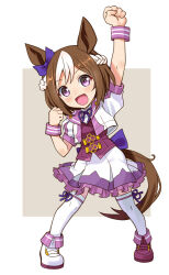 Rule 34 | 1girl, :d, animal ears, asymmetrical footwear, back bow, black footwear, black vest, blue bow, blue ribbon, bob cut, bow, bow legwear, braid, brown hair, clenched hands, commentary, cropped jacket, crown braid, dress shirt, ear ribbon, frilled skirt, frills, horse ears, horse girl, horse tail, jacket, katahira masashi, looking at viewer, miniskirt, mismatched footwear, multicolored hair, neck ribbon, open mouth, pleated skirt, purple eyes, purple ribbon, raised fist, ribbon, shirt, shoes, short hair, short sleeves, single horizontal stripe, skirt, smile, solo, special week (umamusume), standing, tail, thighhighs, two-tone hair, umamusume, vest, white footwear, white hair, white jacket, white shirt, white skirt, white thighhighs, wristband