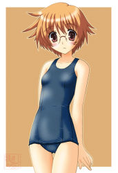 Rule 34 | 00s, 1girl, arms behind back, blue one-piece swimsuit, blush, breasts, brown background, cameltoe, closed mouth, collarbone, cowboy shot, embarrassed, facing viewer, frown, glasses, legs together, looking at viewer, neopure, old school swimsuit, one-piece swimsuit, orange hair, outline, outside border, pink eyes, rimless eyewear, round eyewear, school swimsuit, short hair, signature, simple background, small breasts, solo, standing, swimsuit, to heart (series), to heart 2, yamada michiru