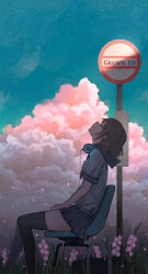 Rule 34 | 1girl, absurdres, bag, black thighhighs, blue sailor collar, blue skirt, breasts, brown hair, chair, closed mouth, cloud, commentary request, falling petals, feet out of frame, grass, headphones, headphones around neck, highres, leaning back, looking up, medium breasts, meteor shower, miniskirt, original, pasoputi, petals, pink clouds, plant, pleated skirt, road sign, sailor collar, school bag, shade, shirt, short hair, short sleeves, sidelocks, sign, sitting, skirt, sky, solo, star (sky), starry sky, thighhighs, twilight, white shirt, zettai ryouiki